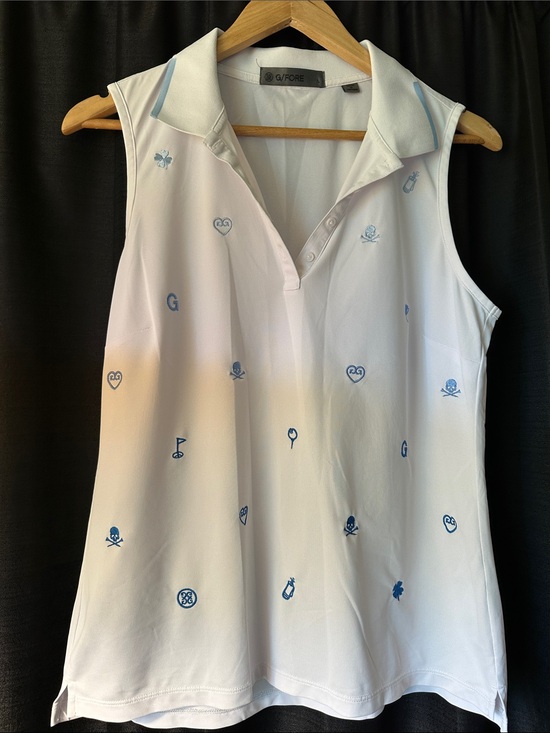 G/FORE Tops - G/FORE White Sleeveless Polo with Light Blue Embroidered Motifs